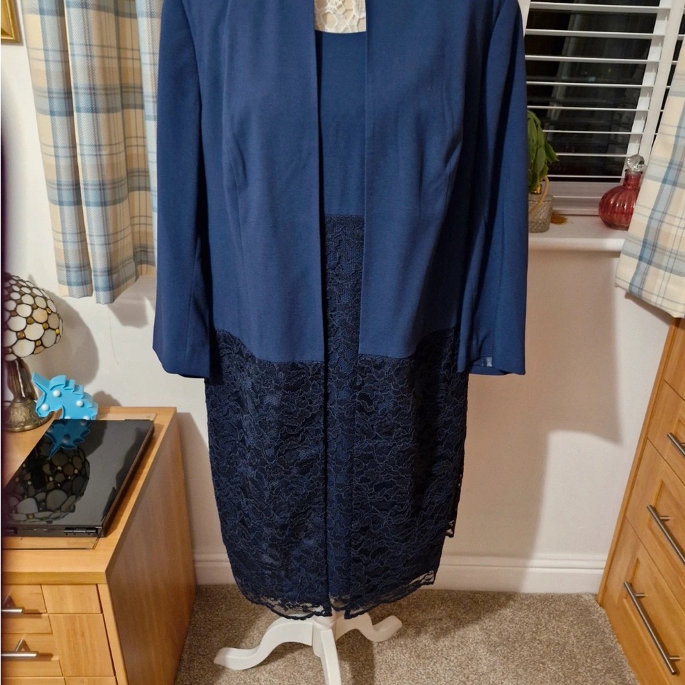 Elegant Navy Blue Women's Jacket and Dress Set